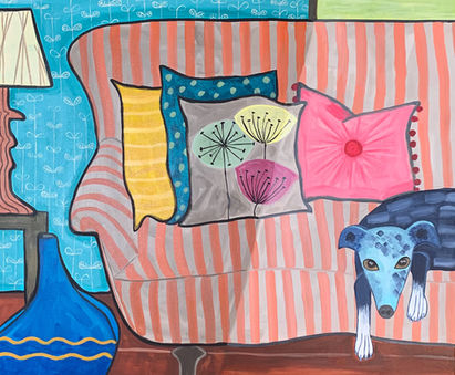 art original painting acrylic Lazy Afternoon Contemporary art painting acrylic canvas dog pink blue free shipping worldwide