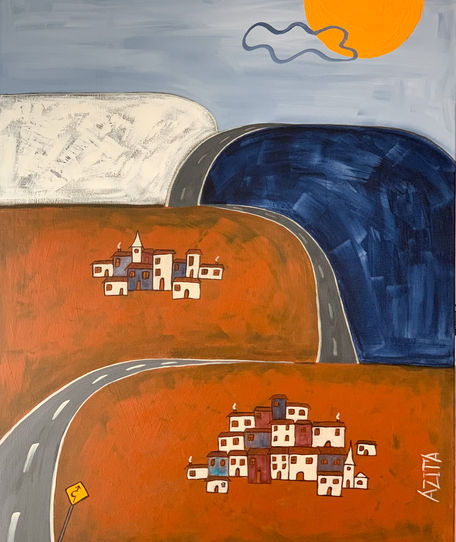 art painting original acrylic The Hill Drive Contemporary art painting acrylic canvas orange blue road cloud free shipping worldwide