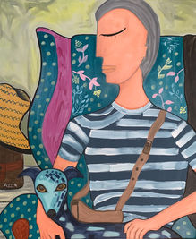art artwork painting acrylic original art Summer Days dog male portrait couch green painting acrylic canvas cubism contemporary art free shipping worldwide