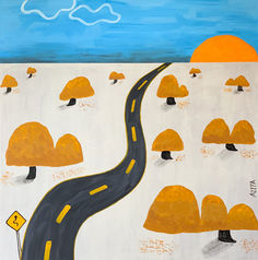 art original painting acrylic Sunset Drive Contemporary art painting acrylic canvas orange tree golden road free shipping worldwide