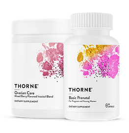 Thorne Fertility Stack featuring Basic Prenatal multivitamin and Ovarian Care supplement, fertility support, ovarian wellness, methylated folate, preconception nutrition, practitioner-recommended supplements and premium women's reproductive health.