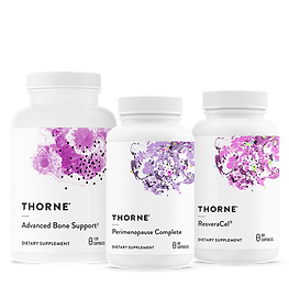 Thorne Menopause Stack featuring Perimenopause Complete, ResveraCel and Advanced Bone Support supplements for menopause, hormonal balance, healthy aging, bone health, hot flash support, sleep wellness and premium practitioner-formulated nutrition.