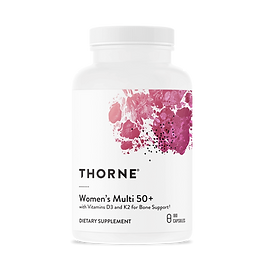Thorne Women's Multi 50+ featuring comprehensive daily multivitamin for women over 50 with highly absorbable vitamins and minerals, calcium, magnesium, vitamin D3, methylated B vitamins, bone support, healthy aging and practitioner-formulated nutrition.