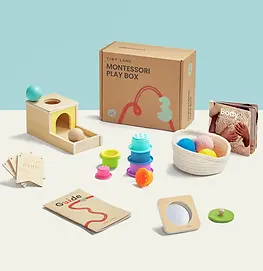 Tiny Land Montessori Toys for Newborns 7–9 Months featuring wooden Montessori baby toys, object permanence box, sensory ball, treasure basket, stacking cups, mirror puzzle, developmental learning toys, fine motor activities and heirloom-quality infant educational play set.