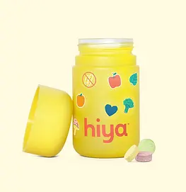 Hiya Kids Daily Multivitamin featuring 15+ essential vitamins and minerals, zero added sugar, clean chewable tablets, organic fruit and vegetable blend + premium children's daily nutrition.