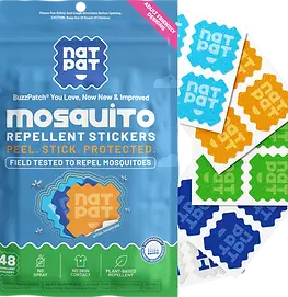 NATPAT BuzzPatch Mosquito Repellent Patches for Adults featuring DEET-free plant-based mosquito repellent stickers, citronella essential oils, clothing-applied insect protection, travel-friendly outdoor bug repellent + natural mosquito defense.