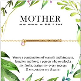 Morse Code Necklace says 'Mother' with a nice note card and sentiment from Amazon