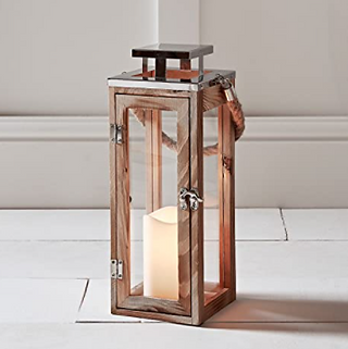 Wooden Outdoor Lantern with Battery Operated Flickering Candle on Amazon