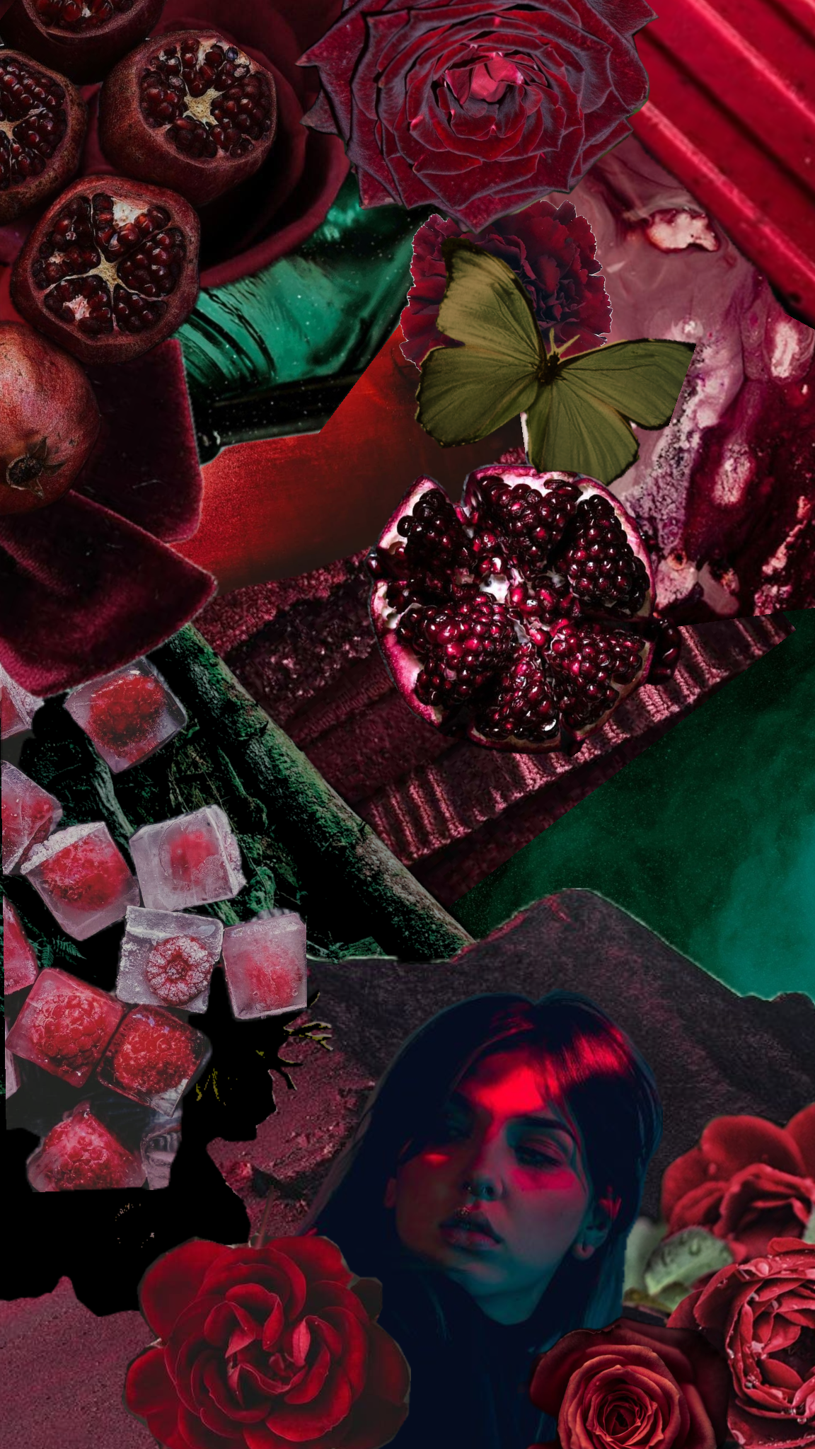 Pomegranate, velvet and roses collage
