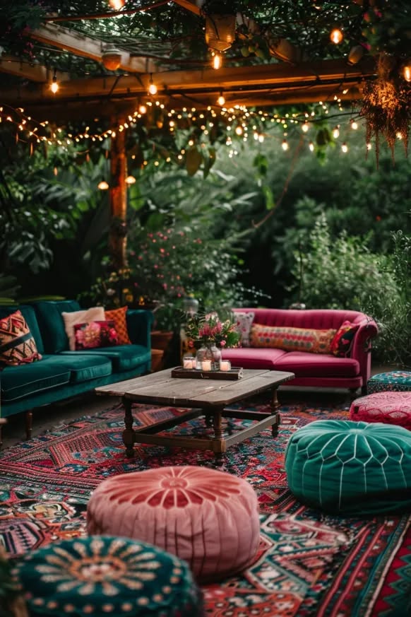 Fairy-light garden lounge brand-world illustration