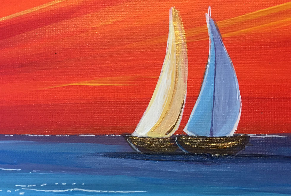 Thumbnail: small acrylic painting of two sailboats with red sky on a white easel