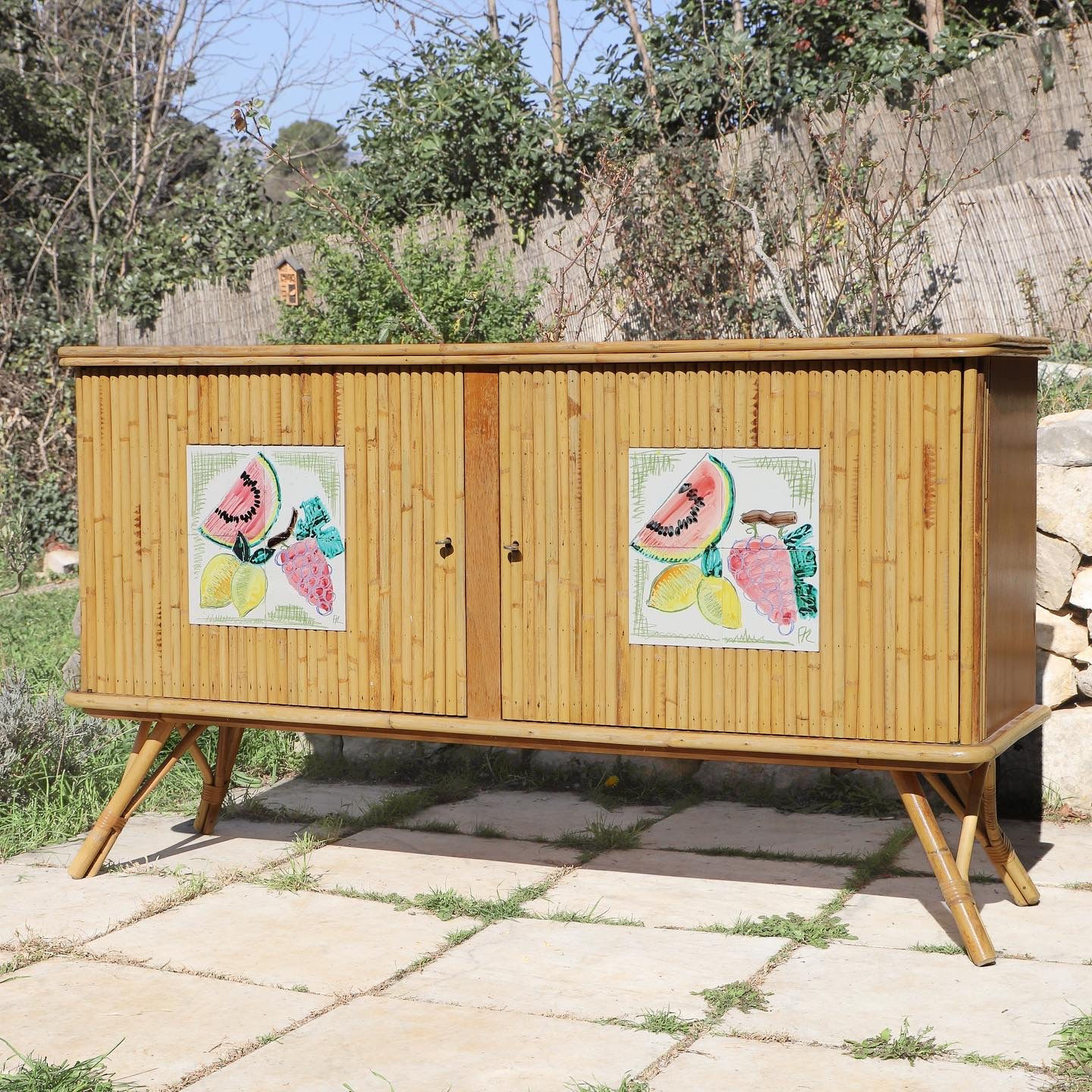 Enfilade rotin et céramique Audoux Minnet 1960