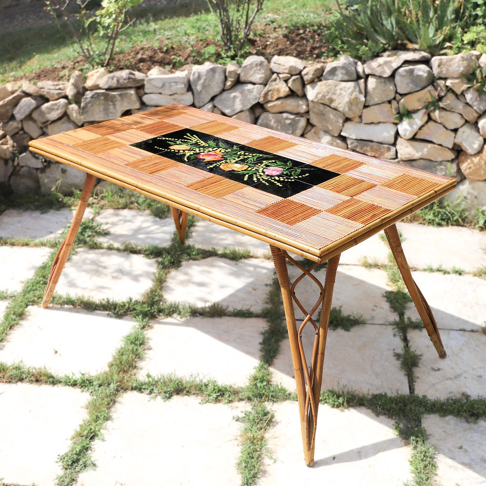 Miniature : Table et chaises rotin Audoux Minnet 1960