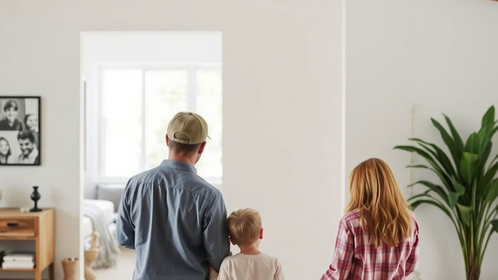 Family facing a wall in a home
