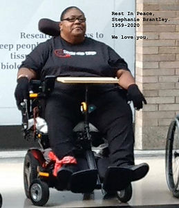 Stephanie Brantley. She is a dark-skinned middle-aged woman with black hair. She is in a wheelchair. She is wearing a black shirt that says Tap: On Tap. She is wearing black gloves with taps sewn to them. She has a wooden board in her lap. The photo has text that says "Rest In Peace, Stephanie Brantley. 1959-2020. We love you."