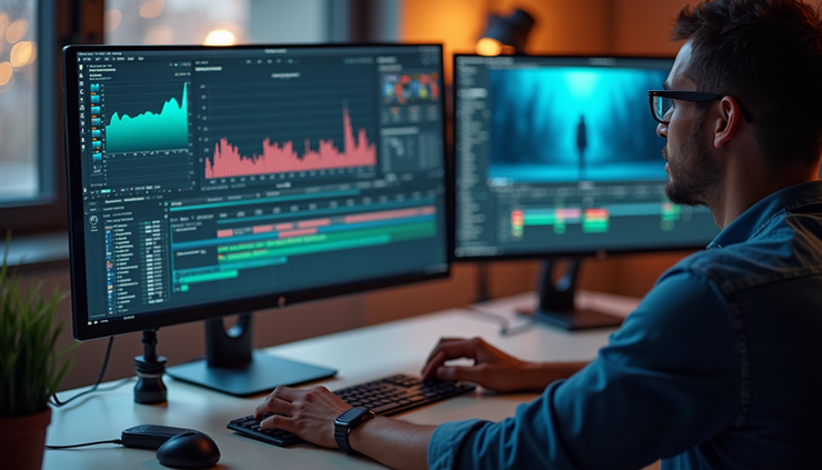 لقطة من زاوية علوية لمنشئ محتوى يقوم بتحرير فيديو على إعداد متعدد الشاشات