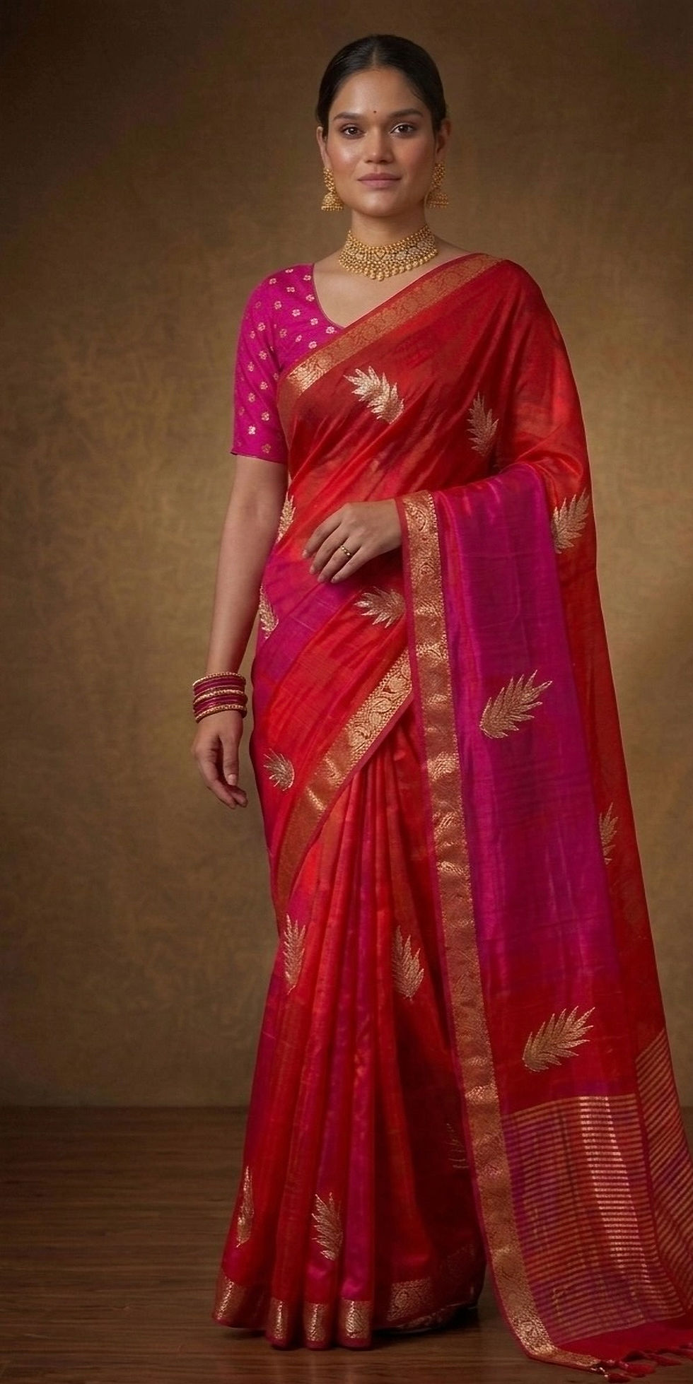 Pink and Orange HO Silk Saree Front View