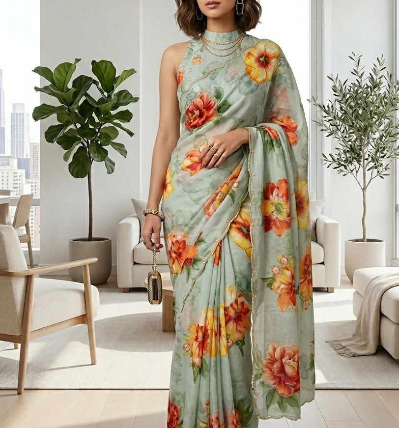 Chiffon green embroidered floral saree Front View