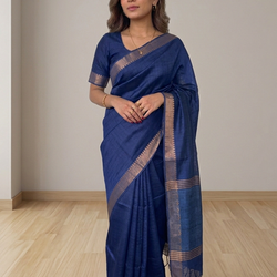 Navy Blue Pure Munga Silk Saree Front View