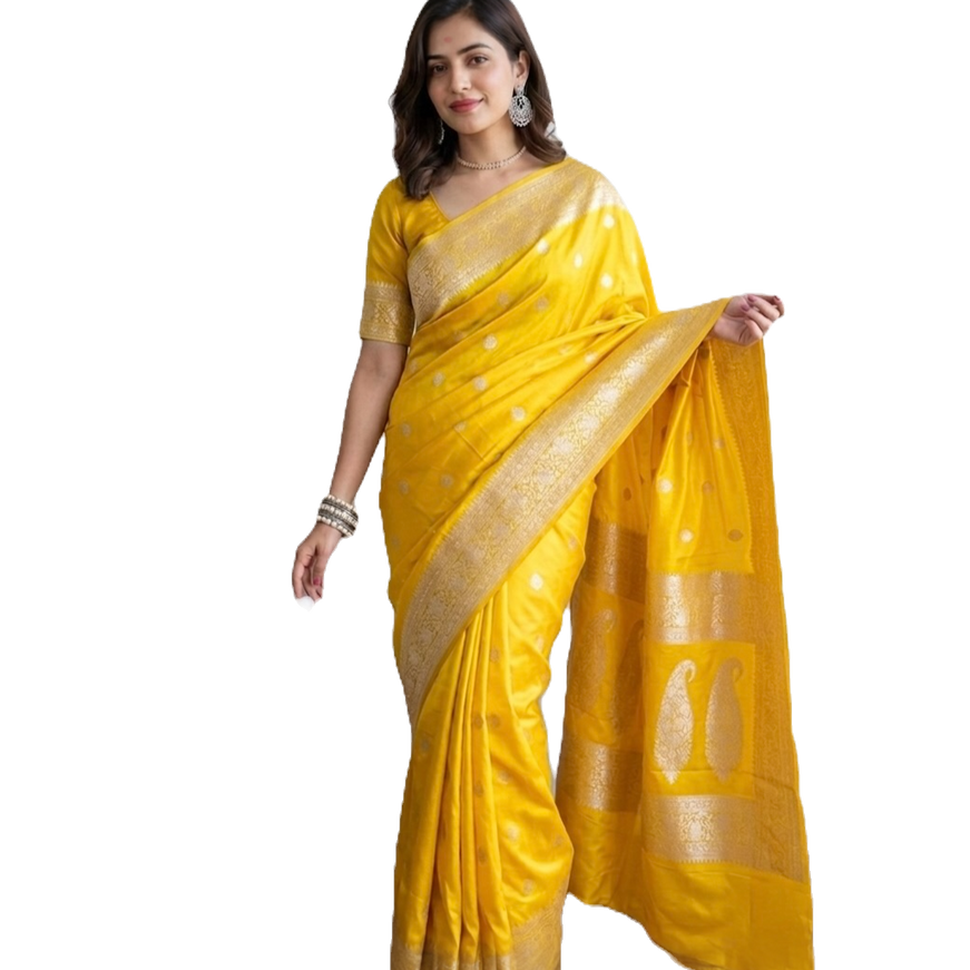Yellow Banarasi Mushru Silk Saree