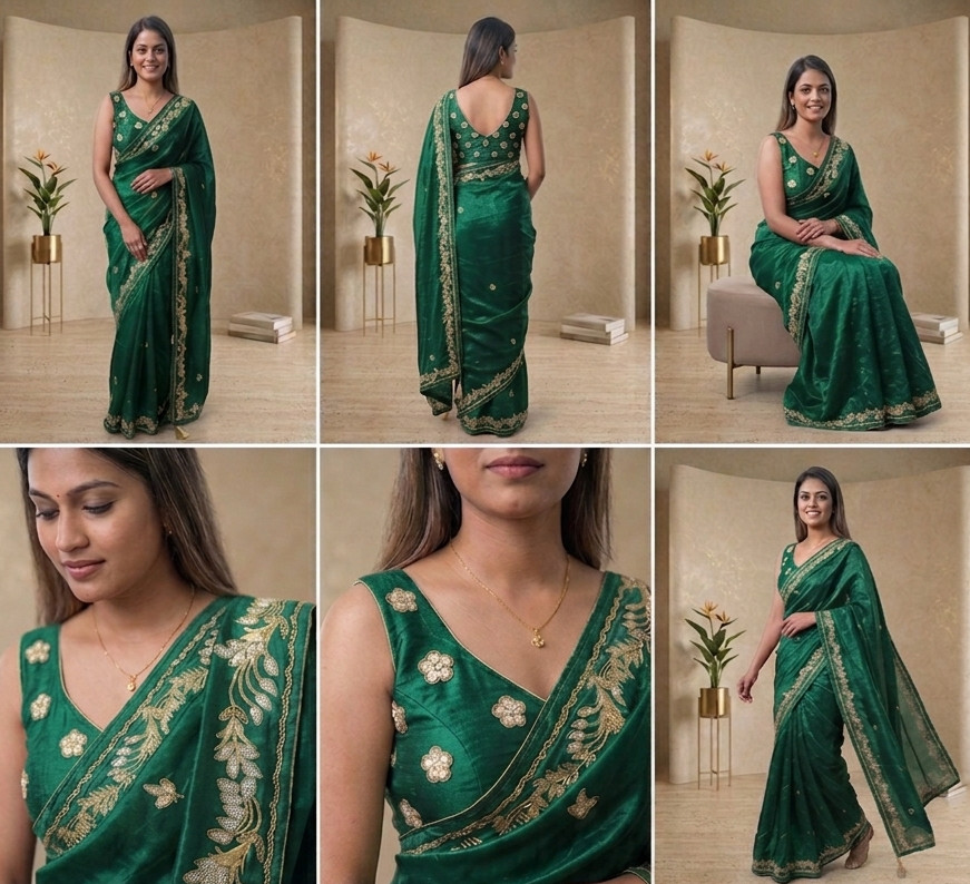 Green HO Silk Saree with sequins work