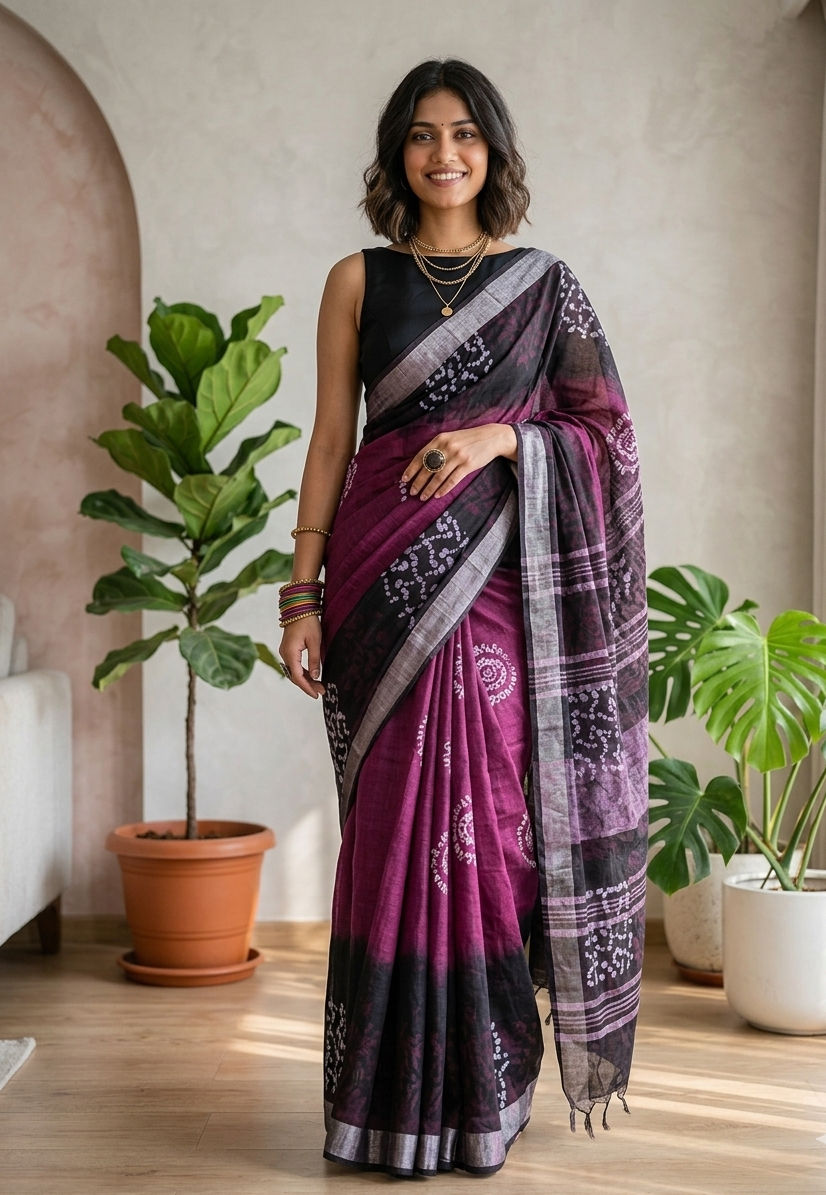 Magenta black cotton linen saree Front View
