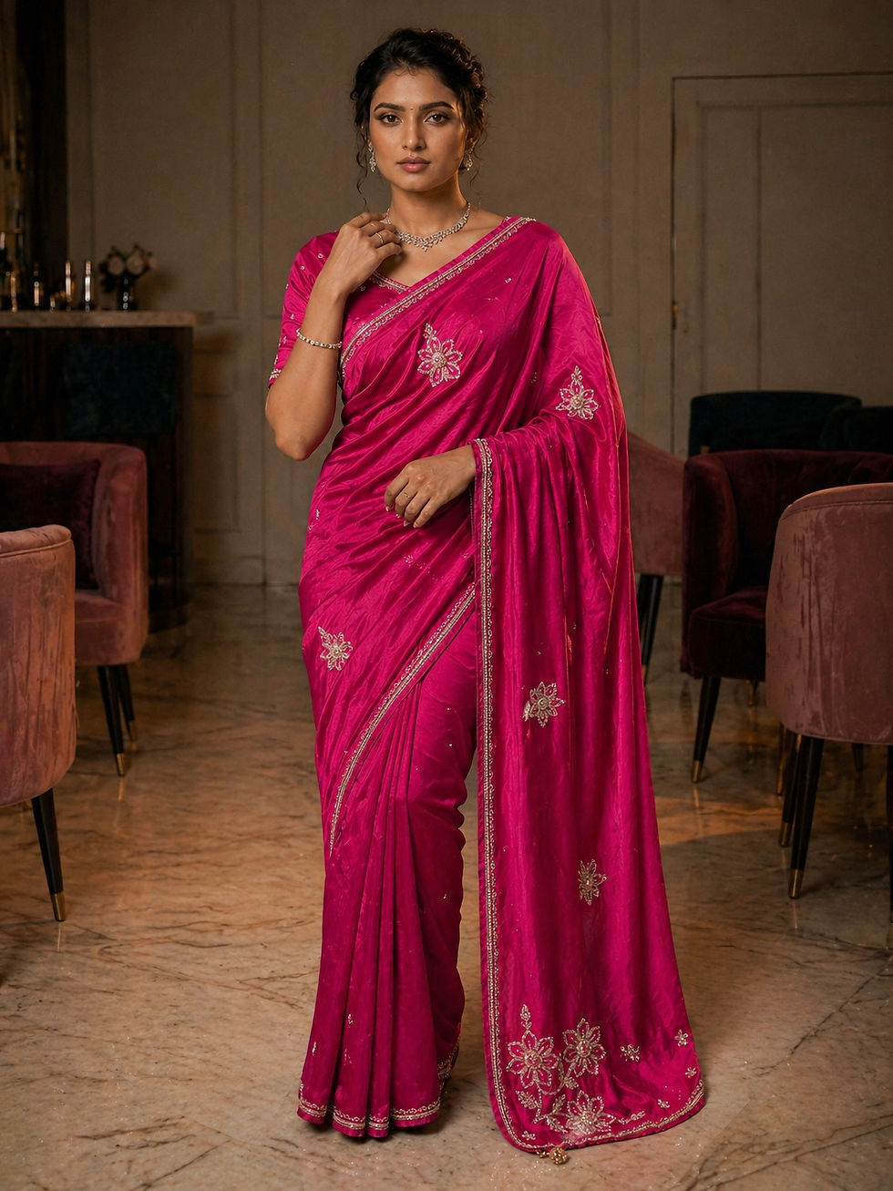Rani Pink HO Silk Saree with hand embroidery Front View