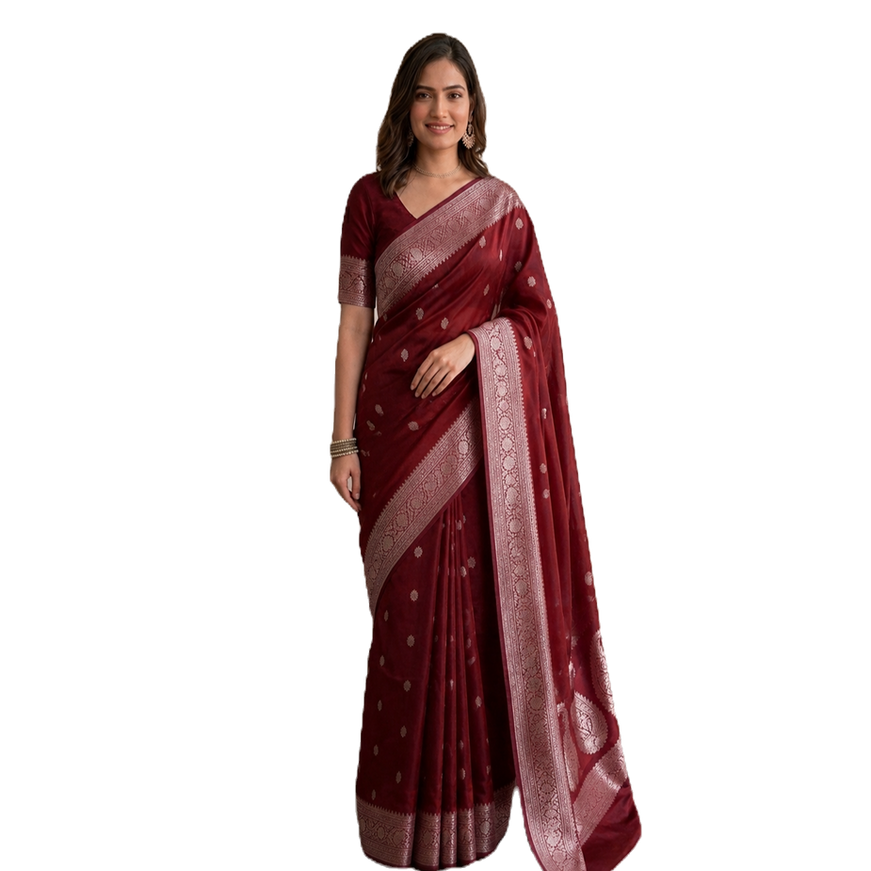 Maroon Banarasi Mushru Silk Saree