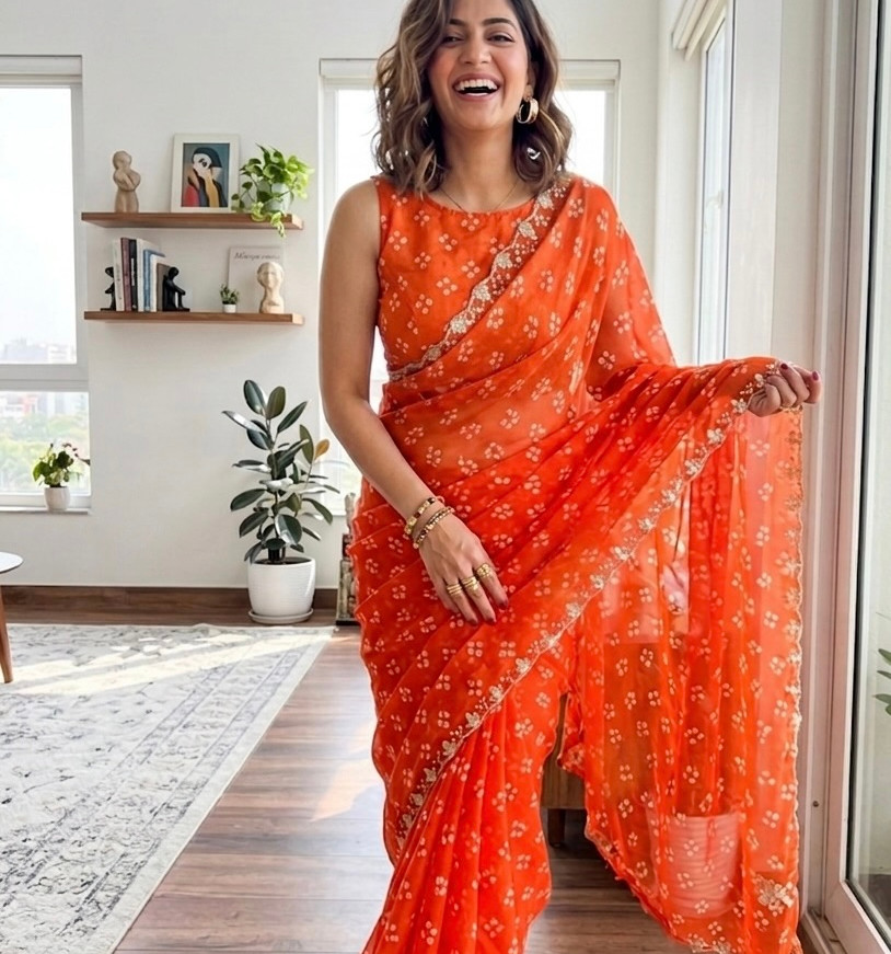 Orange Bandhani Georgette Saree with Hand Work Front View