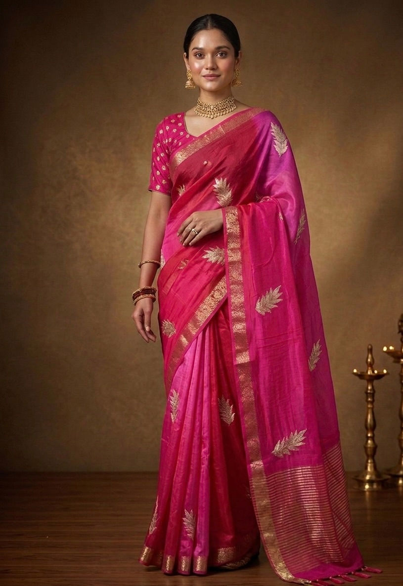 Pink HO Silk Saree Front View
