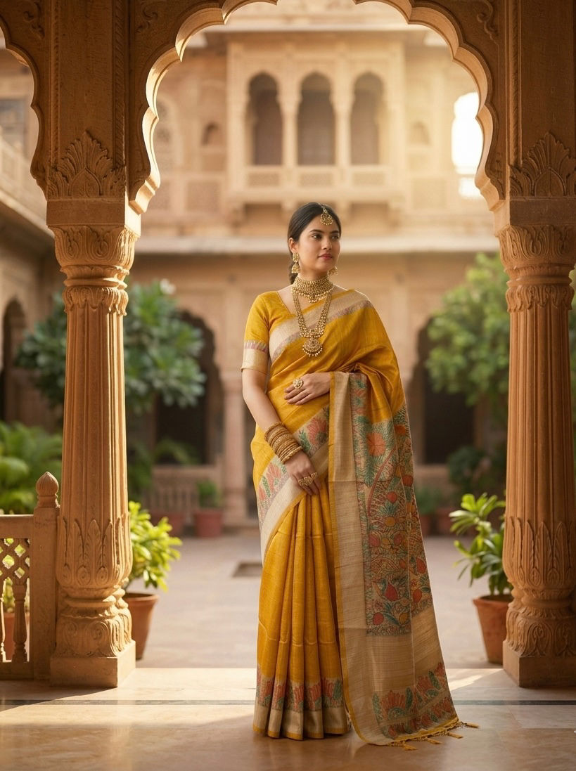 High angle view of folded Bhagalpur silk sarees with vibrant colors and patterns