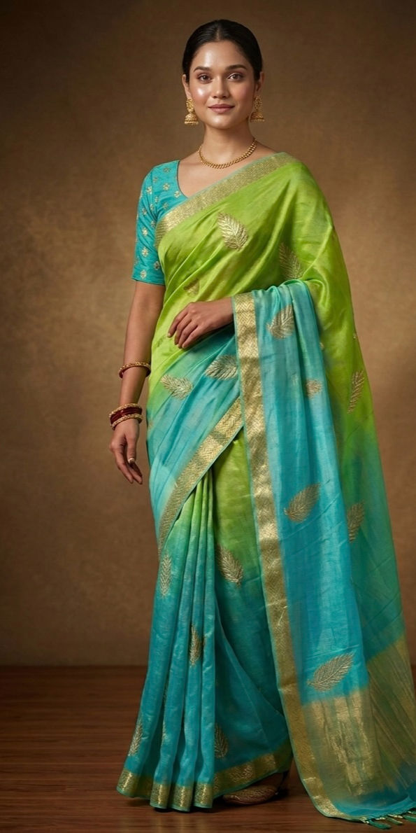 Green and Blue HO Silk Saree Front View