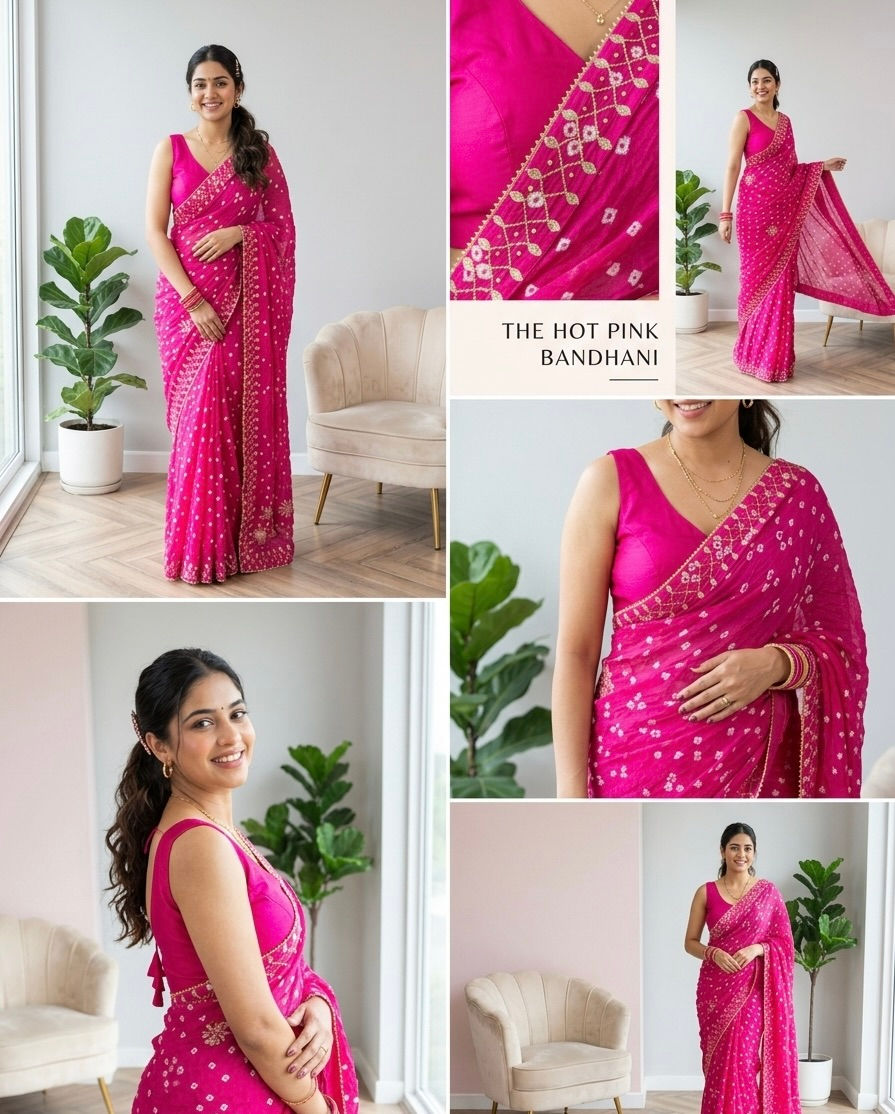 Rani Pink Bandhani Sare with gotta patti work Closeup