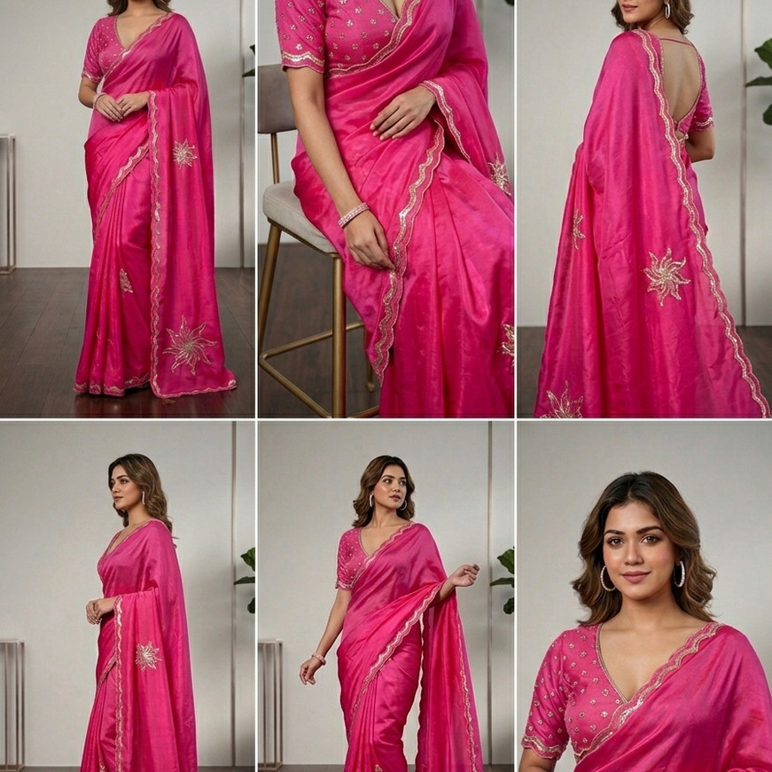 Rani Pink HO Silk Saree with hand embriodery Closeup