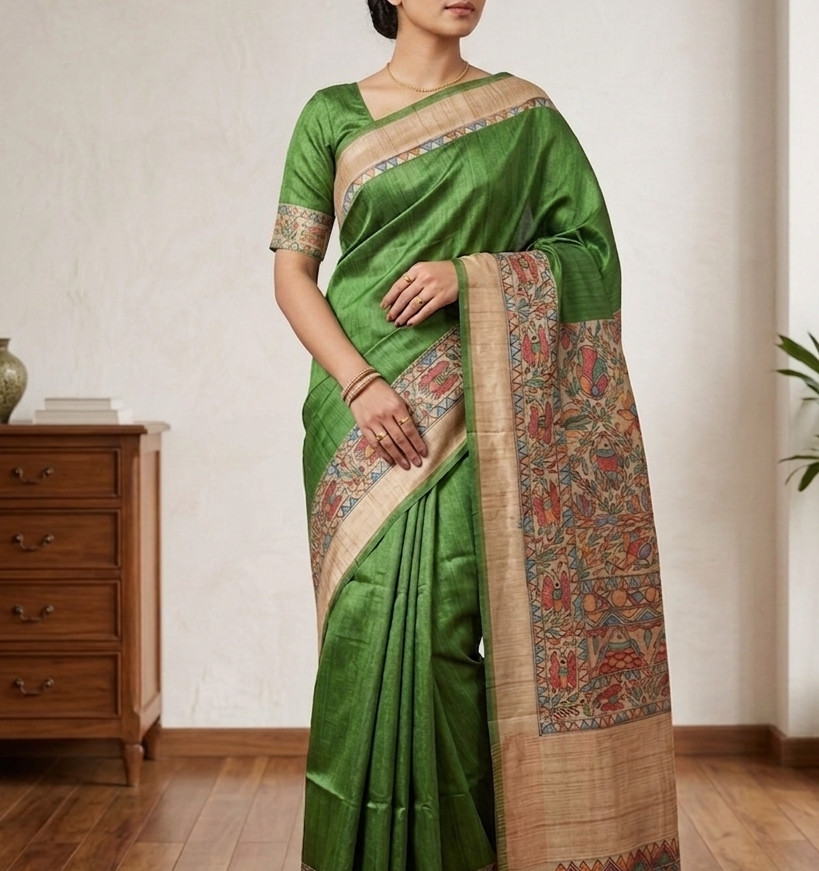 Green Pure Tussar Silk with Madhubani Handpainting Front View
