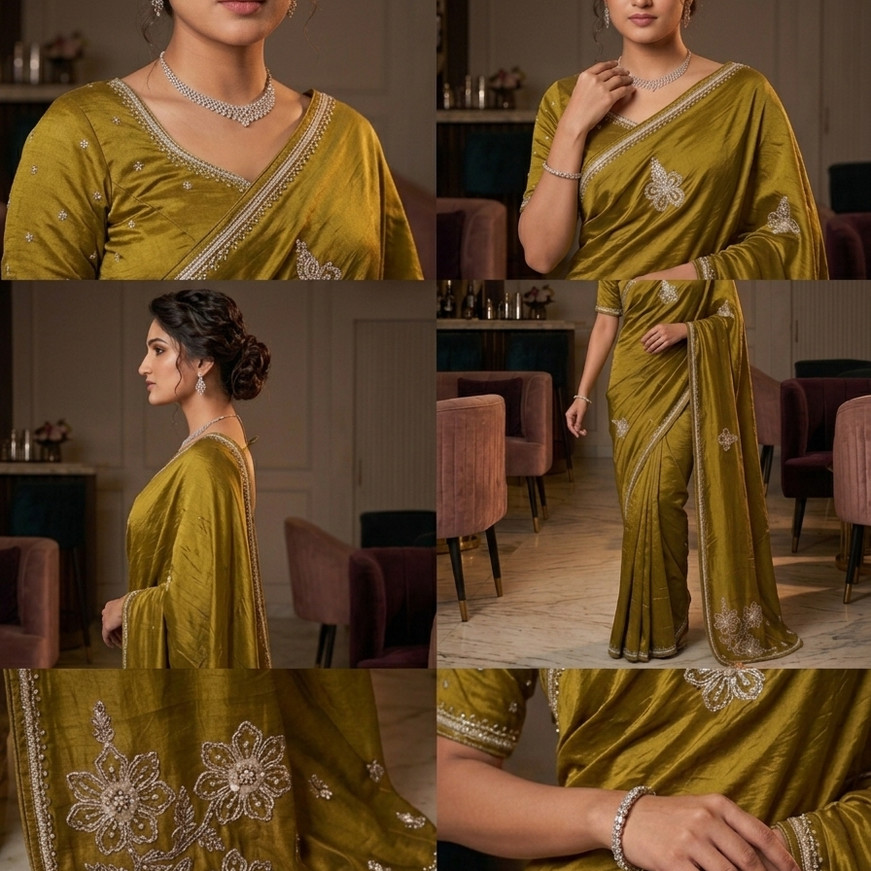 Mehendi Green HO Silk Saree with hand embroidery Closeup
