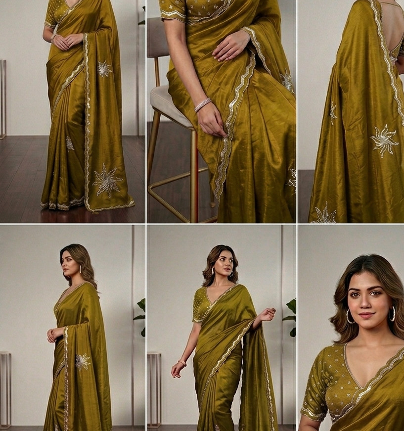 Mehendi Green HO Silk Saree with hand embriodery Closeup