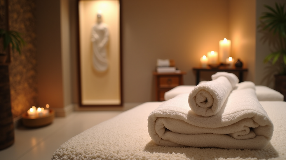 Eye-level view of a serene spa environment with Thai decor