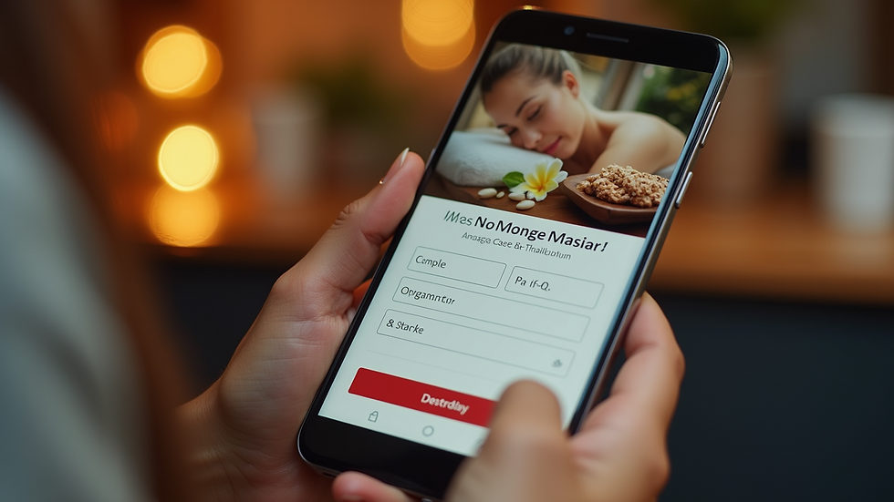 Close-up view of a phone displaying a Thai massage booking page