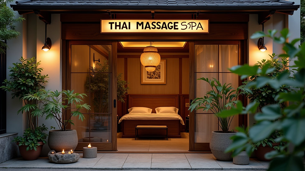 Eye-level view of a Thai massage spa entrance with clear signage