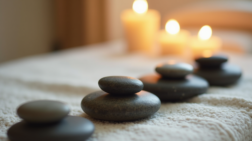 Close-up view of smooth hot stones arranged on a massage table