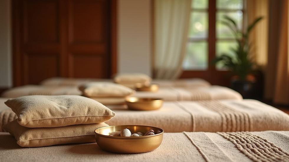 Eye-level view of a traditional Thai massage room with mats and cushions
