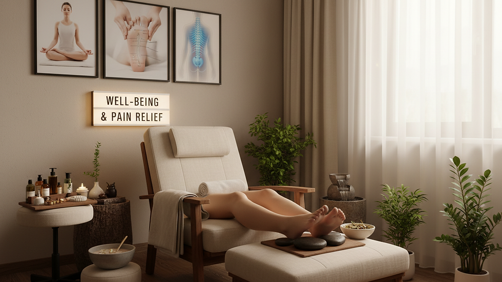Eye-level view of a calm spa room with reflexology setup