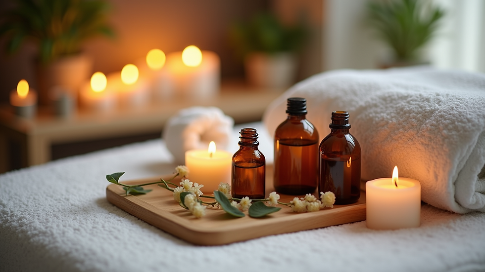 Eye-level view of a massage table with aromatic oils and candles