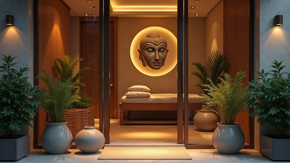 Eye-level view of a Thai massage spa entrance with clear signage