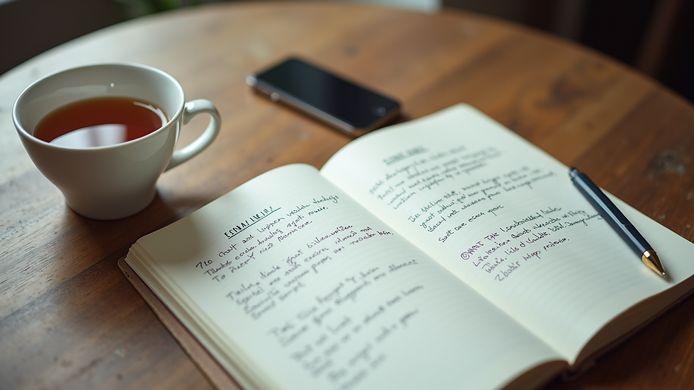 High angle view of a notebook with contact details written down next to a cup of tea