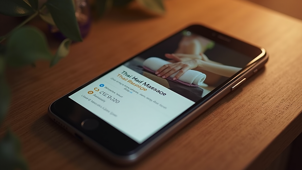 Close-up view of a phone displaying a Thai massage service contact page