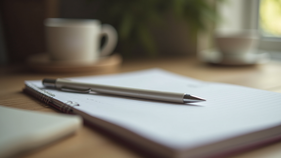 Close-up view of a journal and pen on a wooden table, symbolizing self-reflection and mental health tracking