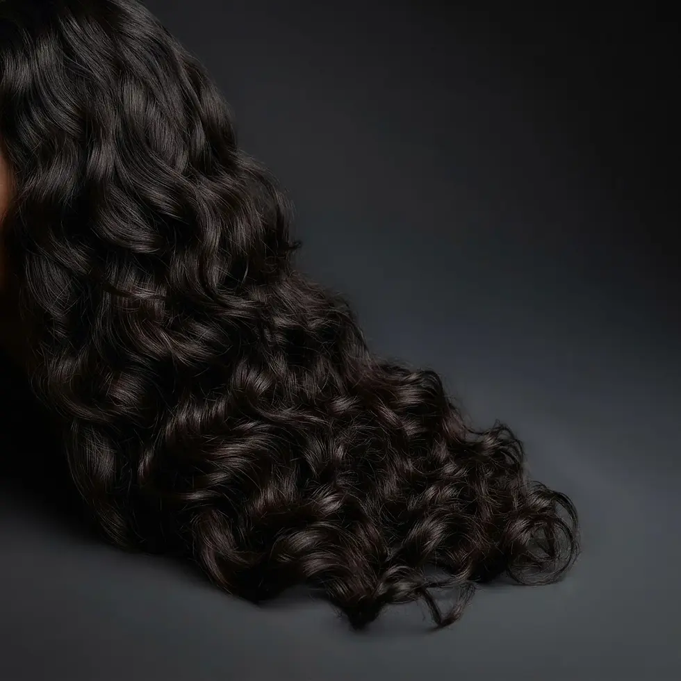 Studio photography of long, wavy dark hair cascading against a minimalist dark grey background. The lighting highlights the glossy texture and movement of the hair strands, creating an elegant and sophisticated mood.