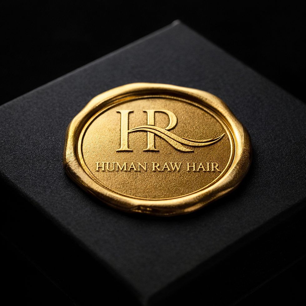 Gold emblem with 'HR' and 'Human Raw Hair' text